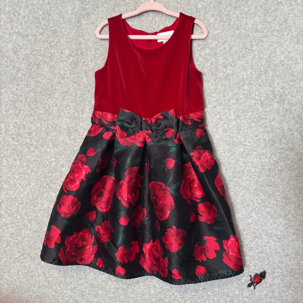Childrens Place Girl's 6 Formal Dress Red Velvet Floral Rose Holiday Party Dress